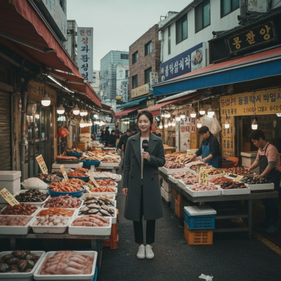 한 여성이 시장 골목 앞에 서 있다