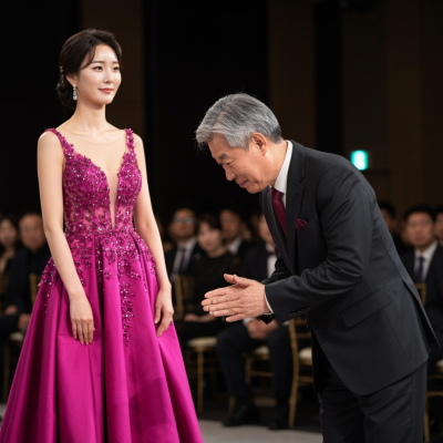 객석향해 고개숙여 인사하는 양복입은